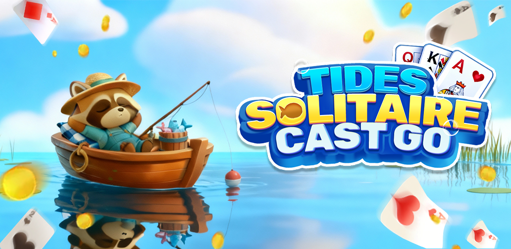 Solitaire Tides gameplay banner with ocean, cards, and fishing scene